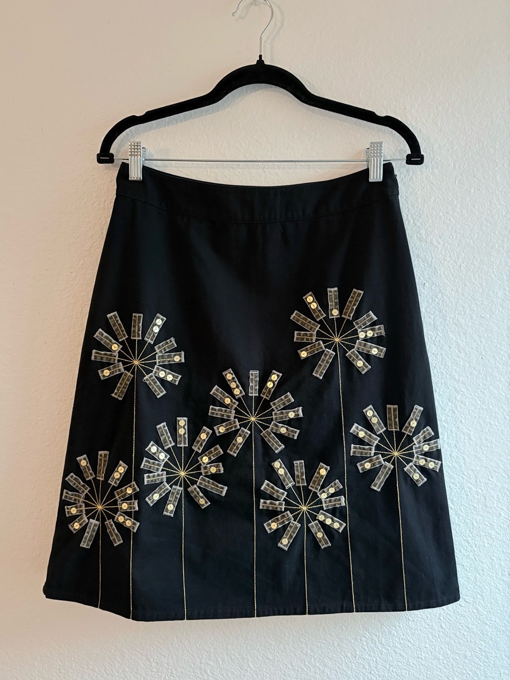 Boden Black Floral Embellished A-Line Skirt Cotton Velvet Sequin Appliqué Size 6